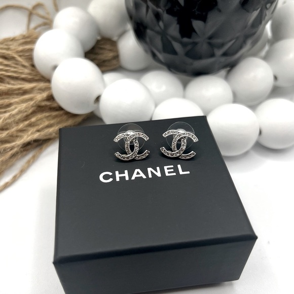 Chanel Silver Crystal CC Stud Earrings - Authentic - Picture 1 of 9